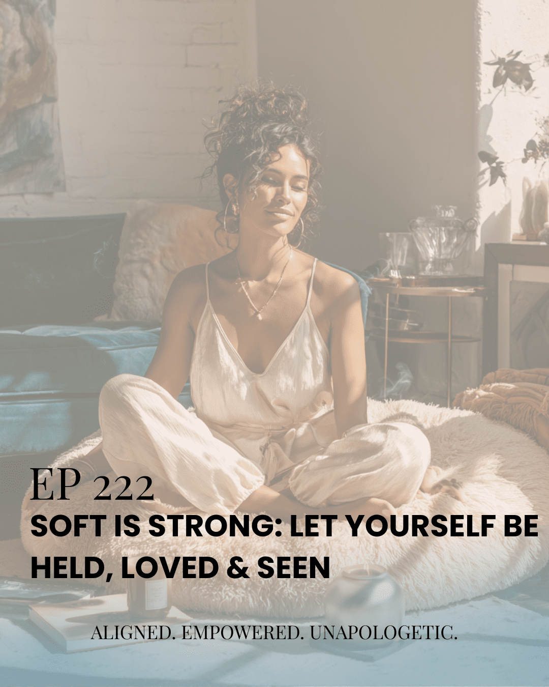 A woman embracing her softness, resting in a cozy chair with a serene expression, representing feminine strength through receiving and self-compassion.