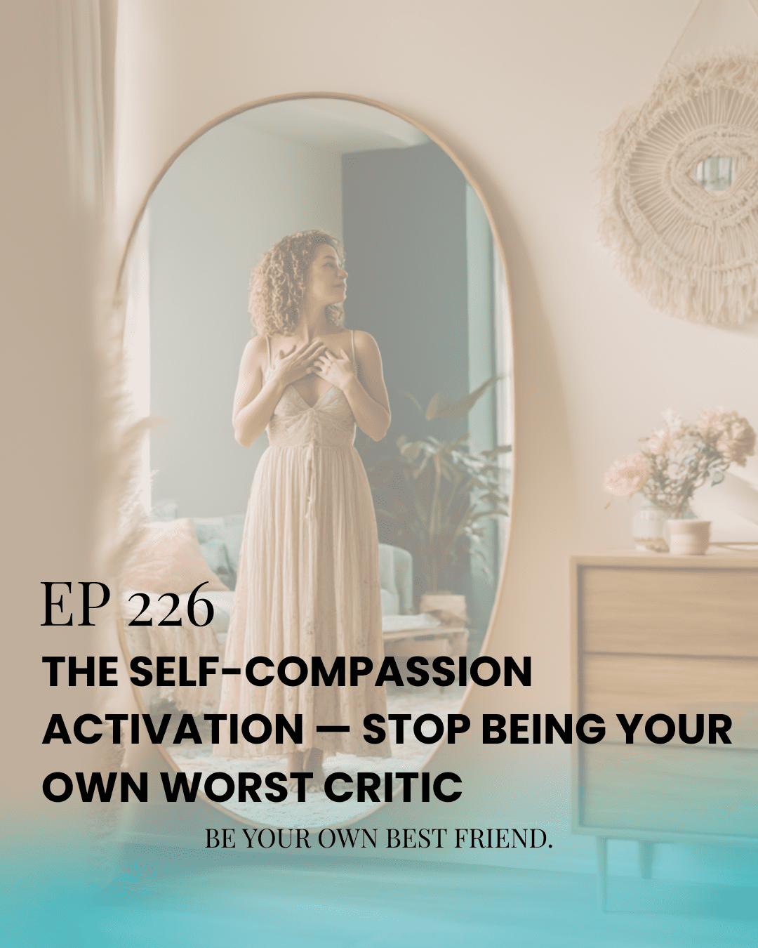 A woman practicing self-compassion, standing in front of a mirror with a hand over her heart, symbolizing self-love, healing, and inner strength.