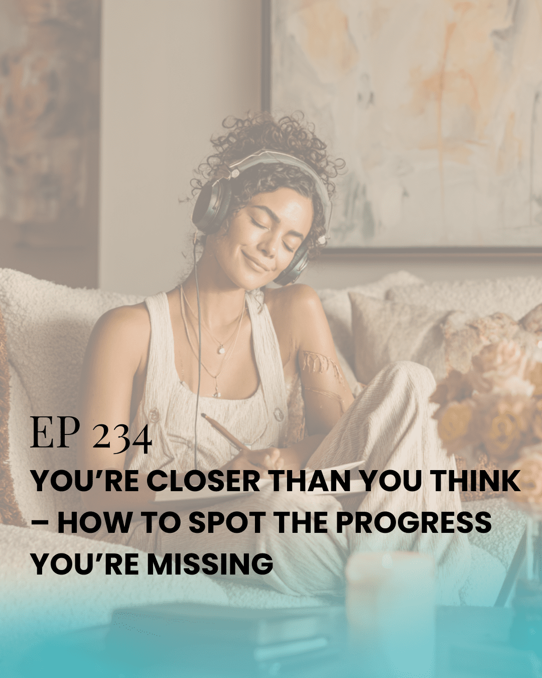 A confident boho-style woman working in her modern, cozy home office with a laptop, coffee, and luxe notebook. She’s glowing, grounded, and fully aligned in her main character energy.