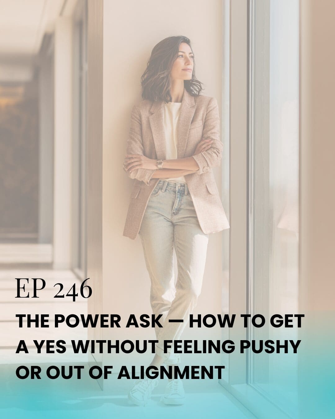 Full-length side profile of a confident woman in a cream blazer, hand on heart, in a modern minimalist office—embodying an aligned, clear ask.