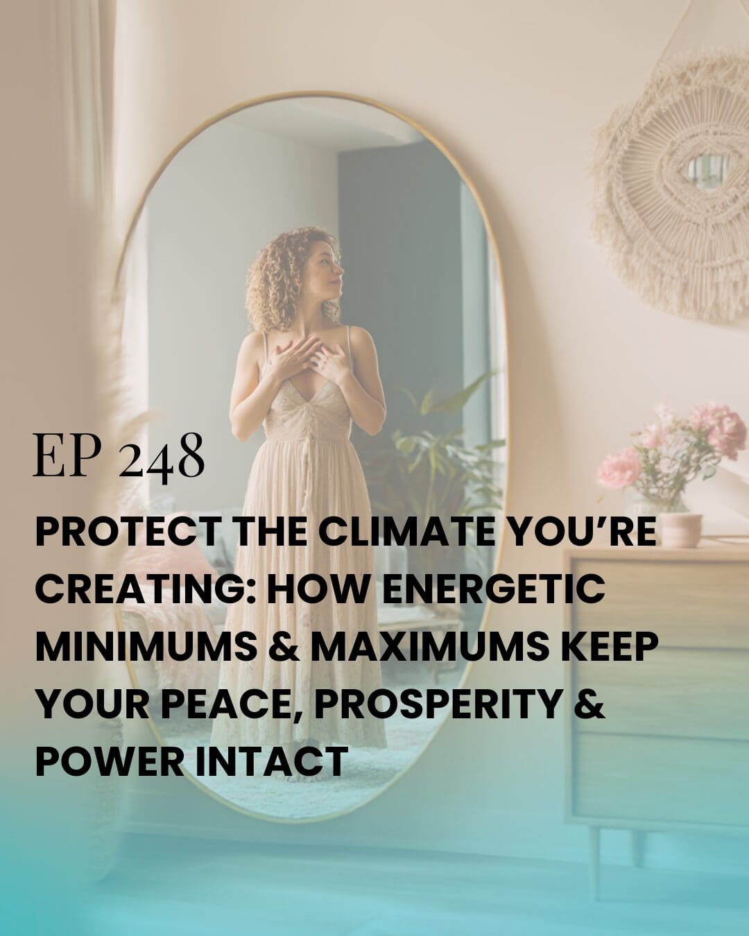 Reflection of a confident woman with her hand on her heart, symbolizing self-love, energetic boundaries, and inner alignment.