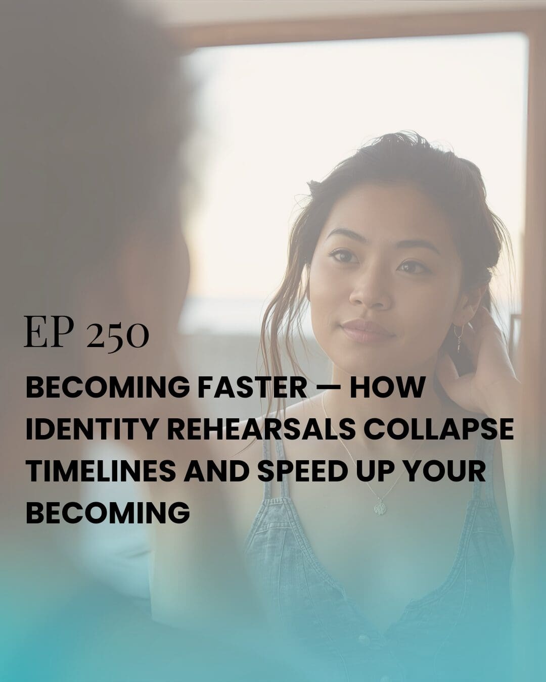 Confident woman rehearsing in front of mirror, symbolizing identity shift, self-embodiment, and personal transformation.