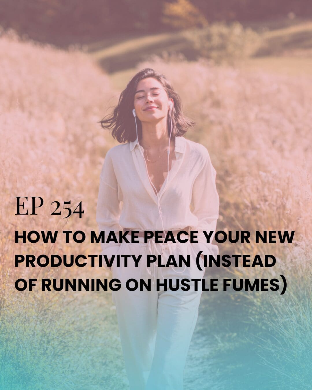 Woman walking outdoors with headphones and a calm smile, symbolizing peaceful productivity and emotional alignment.