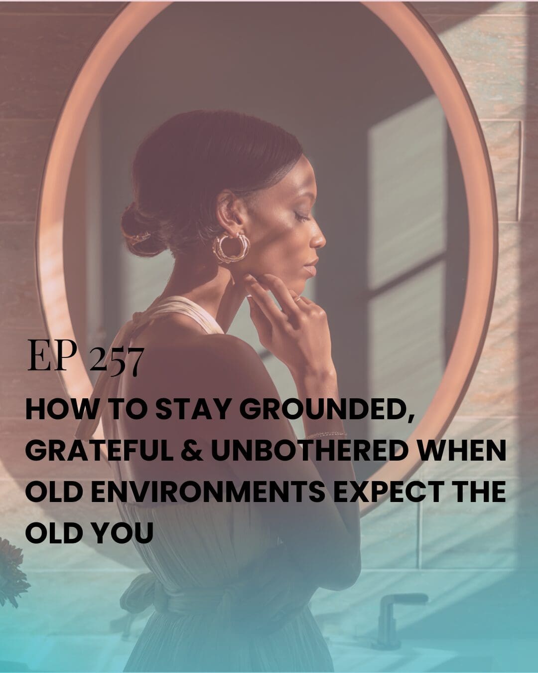 A silhouette of a woman gazing into a modern mirror as sunlight pours across a luxe blush-and-cream bathroom, symbolizing self-trust, emotional boundaries, and reclaiming her empowered identity.