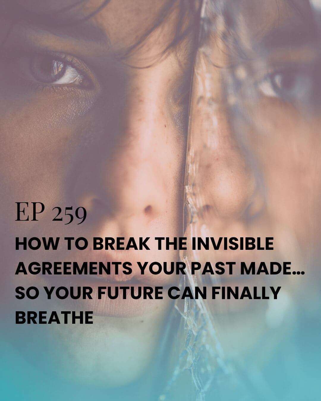 Woman looking into cracked mirror with two reflections symbolizing identity healing, self-love, and breaking old emotional agreements
