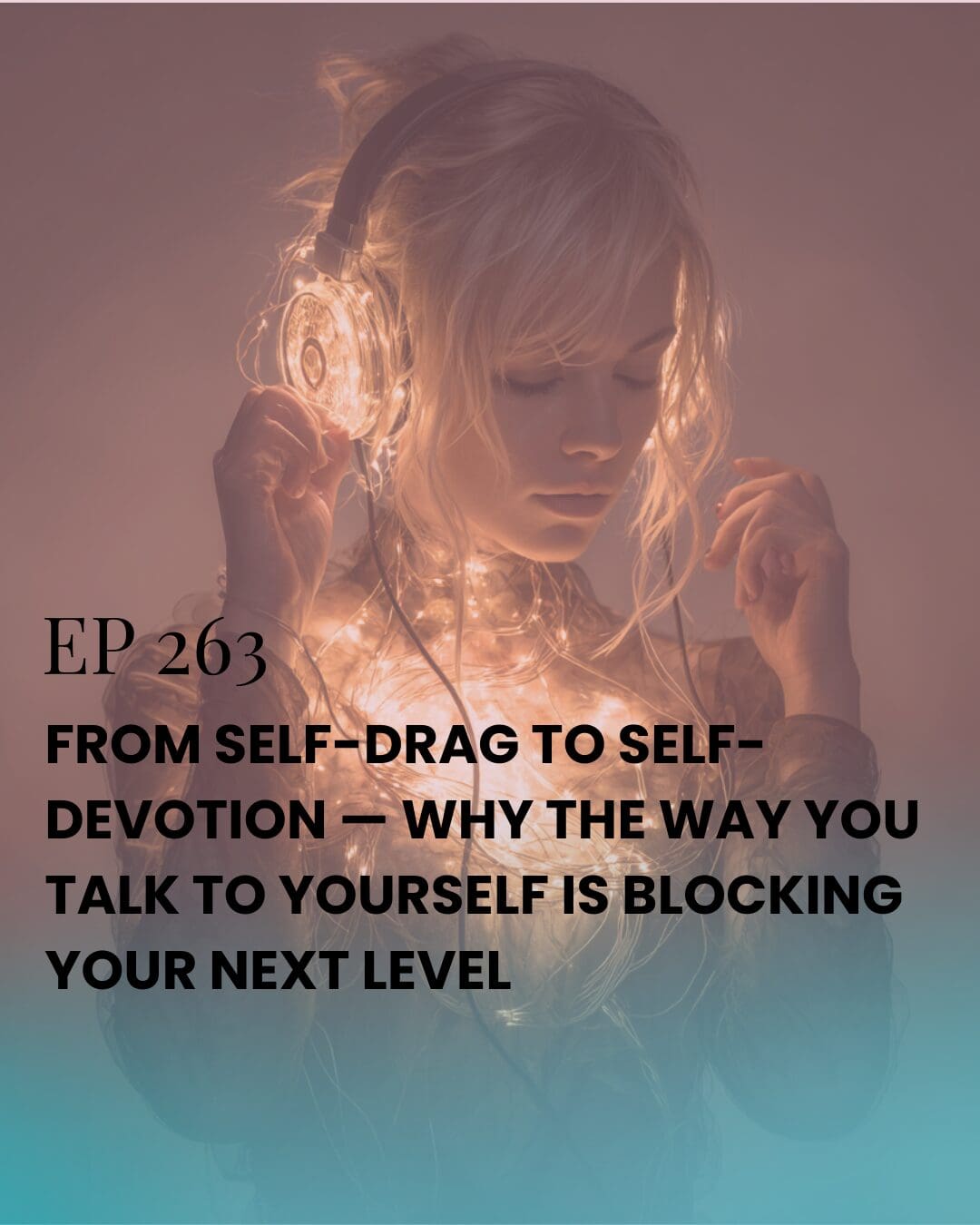 A woman replacing an inner critic voice with an inner coach, symbolized by changing headphones, representing self-talk transformation, inner healing, self-love, and stepping into a confident empowered identity.